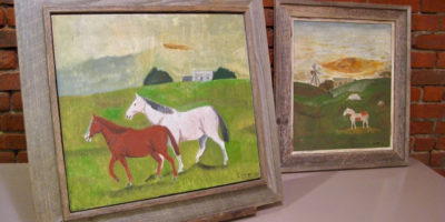 Primitive horse paintings, barn wood frames