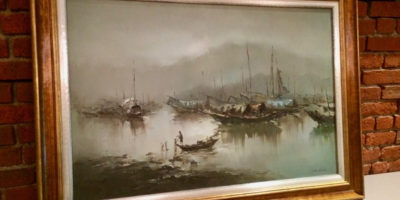 Harbor scene, oil painting in double frame