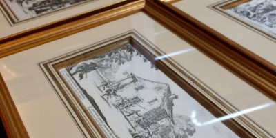 Antique French engravings, hand-decorated matting