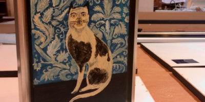 Decorative cat portrait, silver floater frame